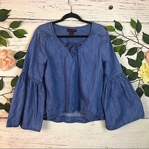 Rock & Roll Cowgirl western Medium Denim Bell Chambray Flare Top buckle bunny